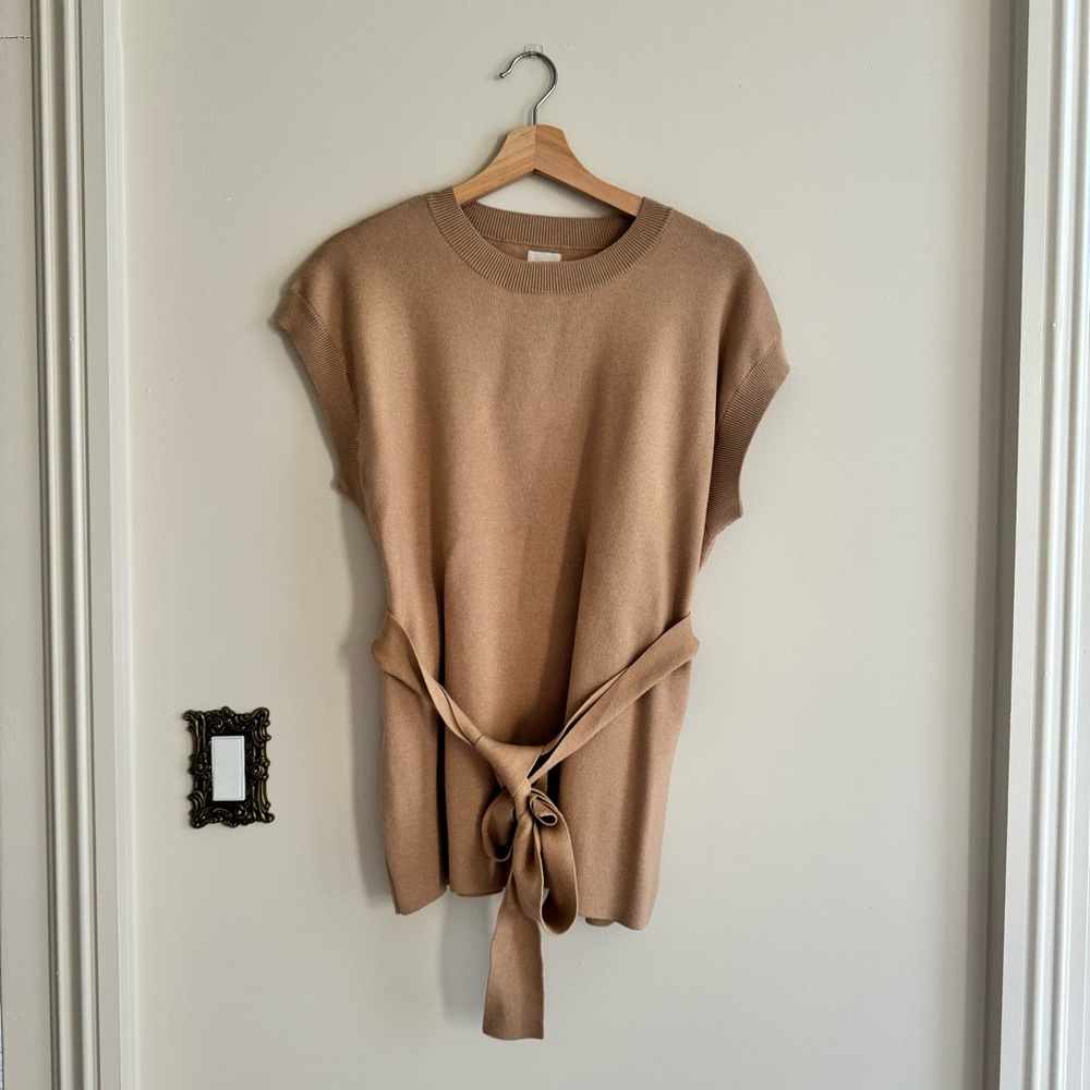 Tan Knit Sleeveless Top with Tie Waist
